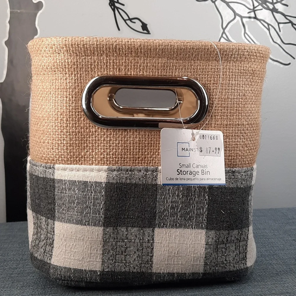 Canvas Storage Organizer Container Bin Gray Plaid Burlap Silver Handles Lined